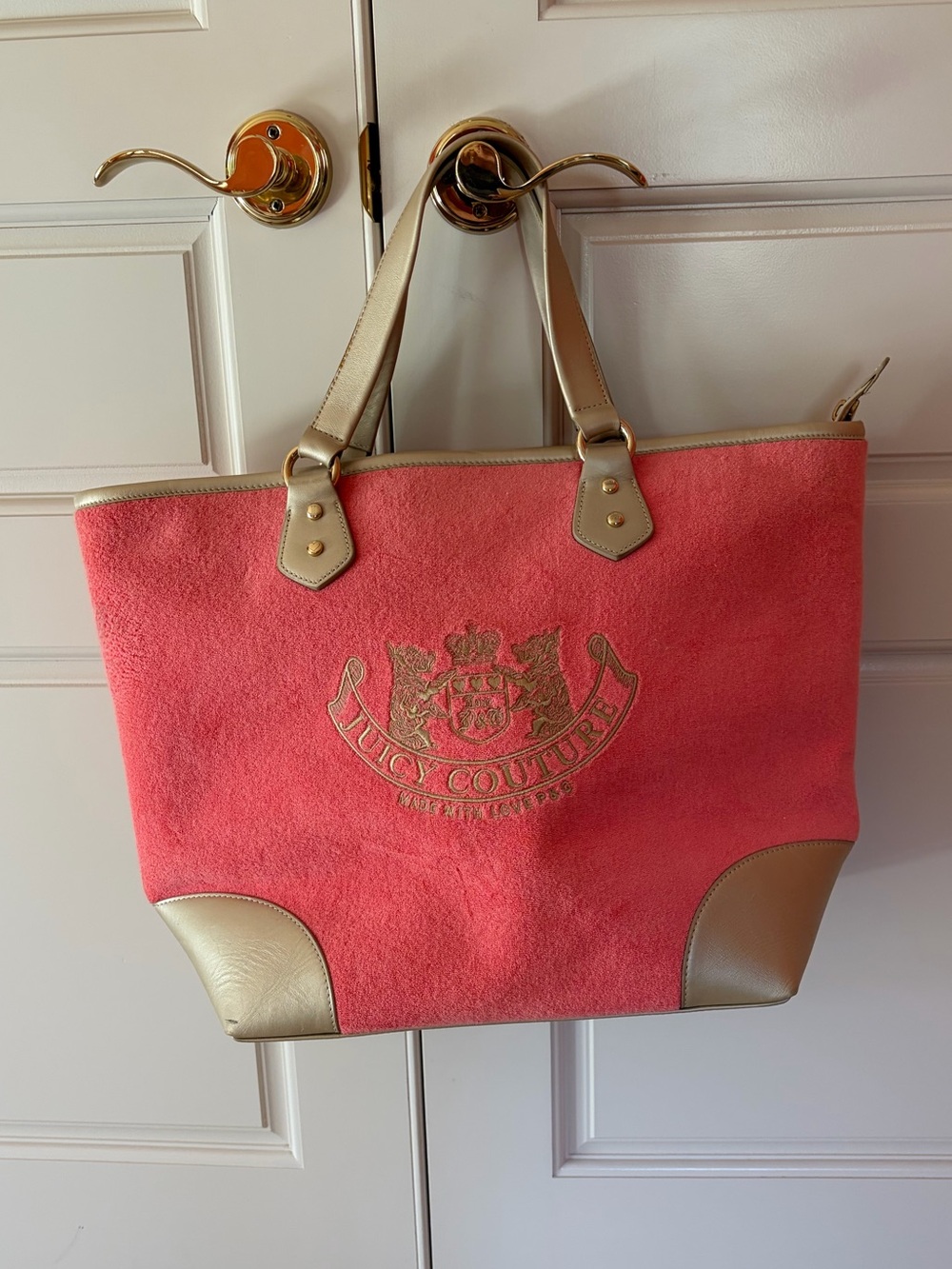 Vintage Juicy Couture Coral Pink XL Terry Tote with champagne Leather Trim